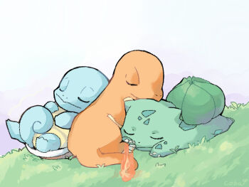 animal_focus bulbasaur charmander closed_eyes closed_mouth coba_to_coba commentary_request fire flame-tipped_tail gen_1_pokemon grass nintendo no_humans nostrils on_grass pokemon pokemon_(creature) sleeping squirtle starter_pokemon_trio tail white_background