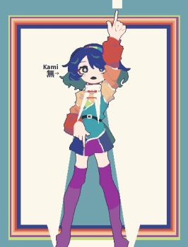 +_+ 1girl 4qw5 aqua_dress arm_up belt blue_dress blue_eyes blue_hair cape commentary_request dress full_body hairband highres long_sleeves looking_at_viewer medium_hair multicolored_dress multicolored_hairband open_mouth orange_dress patchwork_clothes pink_thighhighs pixel_art pointing pointing_down pointing_up rainbow_hairband red_dress solo tenkyuu_chimata thighhighs touhou white_cape