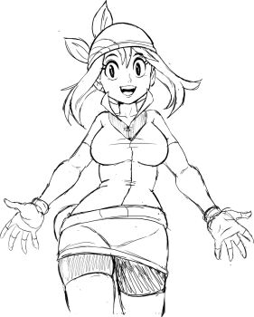 bandana bike_shorts breasts cleft_of_venus fanny_pack fingerless_gloves gloves highres large_breasts looking_at_viewer may_(pokemon) medium_hair nintendo pokemon pokemon_rse sketch teevo