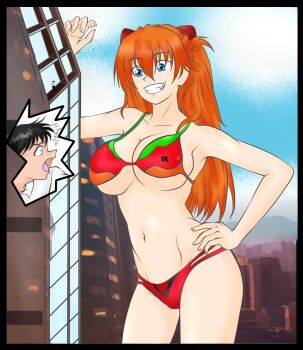 1boy 1girl bikini black_hair blue_eyes breasts cleavage giant giantess grin hand_on_own_hip highres ikari_shinji large_breasts legs long_hair navel neon_genesis_evangelion open_mouth orange_hair school_uniform sideboob smile souryuu_asuka_langley surprised swimsuit teeth thighs tongue twintails underboob