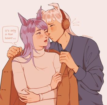 2girls animal_ears blush brown_coat closed_mouth coat commentary crossed_arms eggzumii english_commentary english_text flying_sweatdrops gold_ship_(umamusume) grey_shirt headphones highres horse_ears horse_girl long_hair mejiro_mcqueen_(umamusume) multiple_girls open_mouth purple_eyes purple_hair shirt sweater tearing_up turtleneck turtleneck_sweater twitter_username umamusume white_hair white_sweater yuri