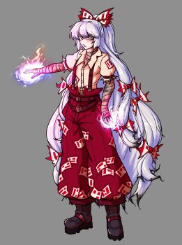1girl absurdres bandaged_arm bandages boots bow closed_mouth commentary english_commentary fire fujiwara_no_mokou full_body grey_background hair_bow highres long_hair looking_at_viewer ofuda ofuda_on_clothes pants pyrokinesis red_pants shirt simple_background skippeaccented solo suspenders touhou very_long_hair white_hair white_shirt