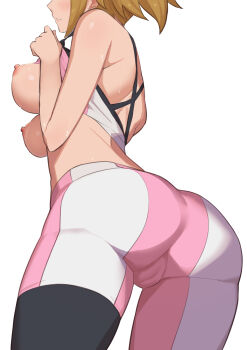 1girl ass blush breasts brown_hair clothes_lift gundam gundam_build_fighters gundam_build_fighters_try highres hoshino_fumina large_breasts morisobo nipples sports_bra sportswear