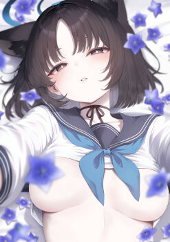 1girl absurdres animal_ears black_eyes black_hair blue_archive blue_halo blue_neckerchief blurry blurry_foreground breasts cat_ears cat_girl cat_tail clothes_lift convenient_censoring extra_ears halo highres john_zerowb kikyou_(blue_archive) looking_at_viewer medium_breasts neckerchief no_bra outstretched_arms reaching reaching_towards_viewer school_uniform serafuku shirt_lift short_hair solo tail upper_body
