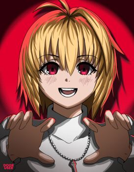Rule 34 | 1girl, absurdres, ahoge, arcueid brunestud, blonde hair, blush, dooruser1, hair intakes, highres, jewelry, looking at viewer, neck, necklace, open mouth, profile, reaching, reaching towards viewer, red eyes, short hair, smile, sweater, tsukihime, tsukihime (remake), turtleneck, turtleneck sweater, white sweater