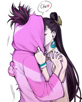 2girls absurdres alternate_costume alternate_hairstyle black_hair bracelet bug capcom chun-li closed_eyes earrings english_text eyeshadow han_juri heart highres hood hood_up icot834267 jewelry kiss long_hair long_sleeves makeup multicolored_hair multiple_girls pajamas shirt sleeveless sleeveless_shirt spider street_fighter street_fighter_6 surprise_kiss surprised two-tone_hair white_background yuri