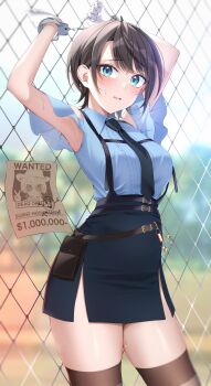 1girl absurdres against_fence aqua_eyes armpits belt belt_pouch black_hair black_necktie black_skirt blue_shirt blush breasts brown_thighhighs center_frills chain-link_fence chest_harness commentary_request cuffs dress_shirt fence frills front_slit handcuffs hands_up harness high-waist_skirt highres hololive hoshimachi_suisei hoshimachi_suisei_(oriental_suit) kunimine_yuzuki looking_at_viewer medium_breasts miniskirt multiple_belts necktie official_alternate_costume oozora_subaru oozora_subaru_(police) pencil_skirt police police_uniform policewoman poster_(object) pouch shirt shirt_tucked_in short_hair skirt sweat swept_bangs thighhighs thighs virtual_youtuber wanted_poster