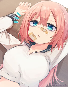 1girl artist_name bandaid bandaid_on_face black_sailor_collar blue_eyes breasts commentary_request hair_between_eyes highres large_breasts long_hair long_sleeves lying michinoku_komaro midriff no_dickey notice_lines on_back oppai_loli parted_lips pink_hair sailor_collar school_uniform seitokai_ni_mo_ana_wa_aru! serafuku shirt solo twitter_username upper_body white_shirt yasuno-labo