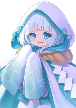 1girl :d arched_bangs blue_eyes cloak commentary commission flower_knight_girl gradient_clothes gradient_kimono grey_hair hatsuyukisou_(flower_knight_girl) highres hood hood_up hooded_cloak japanese_clothes kimono kintarou_(kintarou's_room) looking_at_viewer medium_hair open_mouth rope shide shimenawa simple_background skeb_commission sleeves_past_fingers sleeves_past_wrists smile solo upper_body white_background white_cloak white_kimono