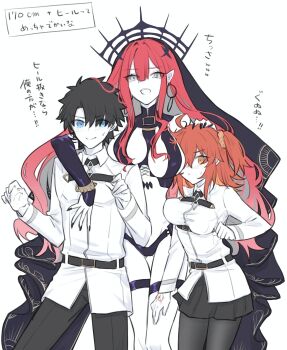 1boy 2girls arm_over_shoulder baobhan_sith_(fate) baobhan_sith_(second_ascension)_(fate) bare_shoulders black_gloves black_hair black_nails blue_eyes breasts brown_eyes chaldea_uniform command_spell commentary_request detached_sleeves elbow_gloves fate/grand_order fate_(series) fujimaru_ritsuka_(female) fujimaru_ritsuka_(male) gloves gluteal_fold grey_eyes hair_between_eyes hand_on_another's_head highres hug hug_from_behind long_hair looking_at_viewer multiple_girls nail_polish open_mouth orange_hair pantyhose pointy_ears red_hair short_hair side_ponytail smile thigh_gap translation_request veil yukihara_sbgd