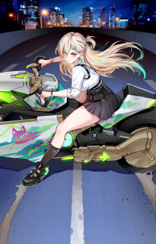 1girl absurdres akira_slide black_skirt black_socks blonde_hair blue_eyes bracelet braid braided_bangs breasts closed_mouth commentary earrings foxyreine hair_ornament high-waist_skirt highres jewelry long_hair looking_at_viewer looking_to_the_side lynae_(wuthering_waves) medium_breasts motor_vehicle motorcycle night photo_background shirt shirt_tucked_in skirt skull_hair_ornament skyline smile socks solo star_(symbol) star_earrings thighs v-shaped_eyebrows white_shirt wuthering_waves