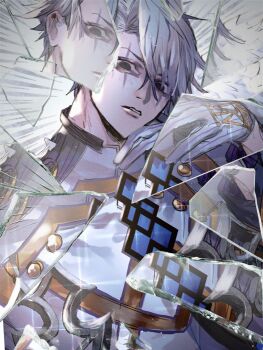 1boy app_filter black_eyes commentary_request facial_mark fate/grand_order fate_(series) glass_shards gloves grey_background grey_hair highres jacket james_moriarty_(ruler)_(fate) looking_at_viewer male_focus ou_syoku7 parted_lips short_hair solo upper_body white_gloves white_jacket