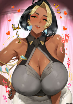 Rule 34 | 1girl, :q, aqua nails, bare shoulders, blonde hair, breasts, cleavage, cleavage cutout, clothing cutout, collarbone, commentary request, dark-skinned female, dark skin, domina (overwatch), earpiece, earrings, fingernails, highres, huge breasts, jewelry, looking at viewer, mole, mole on breast, multicolored hair, nail polish, overwatch, solo, tongue, tongue out, twitter username, two-tone hair, unadon, yellow eyes