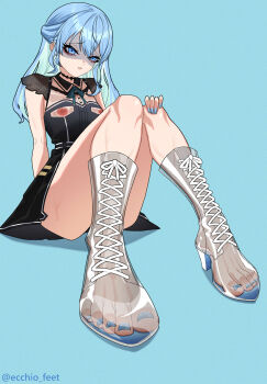 1girl absurdres aqua_hair armpit_crease black_choker black_dress blue_background blue_eyes blue_hair blue_nails blush boots bow bowtie breasts choker colored_inner_hair convenient_leg dress ecchi-o eyelashes feet foot_focus foreshortening hair_between_eyes hand_on_own_knee high_heel_boots high_heels highres hololive hoshimachi_suisei hoshimachi_suisei_(casual) knees_together_feet_apart knees_up large_areolae legs long_hair looking_at_viewer multicolored_hair nail_polish nipple_cutout paid_reward_available parted_lips see-through_clothes see-through_footwear short_dress short_sleeves sidelocks simple_background sitting small_breasts solo toenail_polish toenails toes twitter_username virtual_youtuber