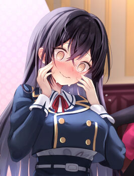 1girl @_@ black_hair blush brown_eyes commentary_request danshi_kinsei_game_sekai_de_ore_ga_yarubeki_yuiitsu_no_koto_yuri_no_ma_ni_hasamaru_otoko_to_shite_tensei_shite_shimaimashita embarrassed flying_sweatdrops haishiki hands_on_own_cheeks hands_on_own_face long_hair novel_illustration official_art red_ribbon ribbon sanjou_rei school_uniform very_long_hair