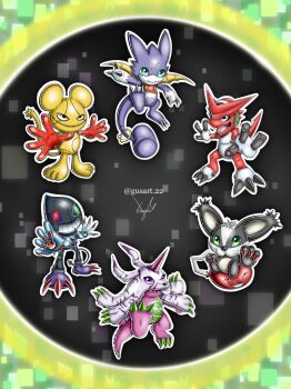 Rule 34 | balloon, digimon, digimon (creature), dracumon, gumdramon, highres, opossummon, oridigi, original, psychemon, sharp teeth, shoutmon, smile, tail, teeth, tyutyumon