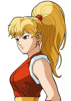 Rule 34 | 1girl, bare shoulders, bengus, blonde hair, brown eyes, close-up, dougi, final fight, from side, game cg, genryuusai maki, high ponytail, highres, long hair, motoyui, ninja, non-web source, official art, ponytail, portrait, simple background, solo, street fighter, street fighter zero (series), wavy hair