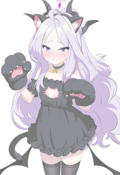 1girl absurdres ahoge alternate_costume animal_ears animal_hands bell black_choker black_dress black_hairband black_thighhighs blue_archive breasts cat_ears cat_lingerie choker cleavage collarbone cowboy_shot demon_girl demon_horns demon_wings dress fake_animal_ears forehead frilled_dress frills gloves greyscale hair_ornament hairband hairclip halo highres hina_(blue_archive) horns loli long_hair looking_at_viewer monochrome neck_bell parted_bangs paw_gloves paw_pose purple_eyes purple_halo runarie sidelocks simple_background small_breasts solo standing strapless strapless_dress thighhighs wavy_hair white_background wings zettai_ryouiki