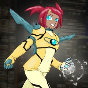 1girl armor blue_eyes corokoro cyborg dark-skinned_female dark_skin female_focus gloves hair_ornament hairclip jetpack red_hair robot robot_sari sari_sumdac science_fiction simple_background smile solo transformers transformers_animated twintails