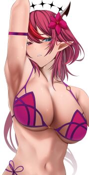1girl arm_over_head arm_up armband armpit_crease armpit_focus armpits bikini blue_eyes blush breasts commentary cosplay cowboy_shot double_halo fate/grand_order fate_(series) flower hair_between_eyes hair_flower hair_ornament halo heterochromia highres hololive hololive_english horns irys_(hololive) large_breasts looking_at_viewer multiple_horns navel pointy_ears presenting_armpit red_bikini red_eyes red_hair scathach_(fate) scathach_(fate/grand_order) scathach_(swimsuit_assassin)_(fate) scathach_(swimsuit_assassin)_(fate)_(cosplay) si_farid side-tie_bikini_bottom solo star_halo stomach string_bikini sweat swimsuit virtual_youtuber white_background