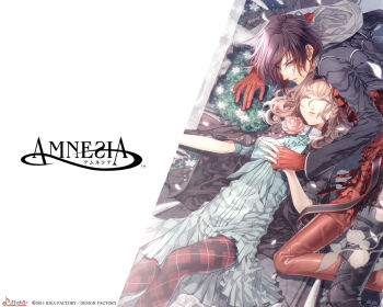 1boy 1girl amnesia amnesia_(idea_factory) argyle_clothes argyle_legwear black_hair braid brown_eyes brown_hair closed_eyes copyright_name couple dress flower gloves hanamura_mai heroine_(amnesia) hetero holding_hands official_art official_wallpaper pants pantyhose patterned_legwear pink_flower pink_rose red_gloves red_pants red_pantyhose rose frilled_shirt shin_(amnesia) short_hair single_braid sleeping