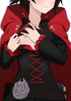 1girl belt black_hair blush breasts cape corset cross female_focus flower head_out_of_frame highres hood morisobo nipples one_breast_out ruby_rose rwby small_breasts solo