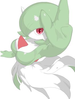 Rule 34 | 1girl, arm up, armpits, bob cut, breasts, colored skin, female focus, from above, full body, gardevoir, gen 3 pokemon, green hair, green skin, hair over one eye, large breasts, looking at viewer, looking up, multicolored skin, nintendo, no feet, no mouth, one eye covered, outstretched arm, pokemon, pokemon (creature), red eyes, short hair, simple background, solo, standing, sunny day (pixiv 1052309), two-tone skin, white background, white skin