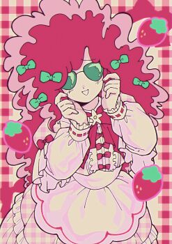 1boy bow bowtie crossdressing crossdressing_(mtf) dress food frilled_dress frills fruit gingham_background gingham_clothes gingham_dress green_bow hair_bow hands_up highres long_hair looking_at_viewer male_focus messy_hair nanako_sos nka_46 open_mouth pink_bow pink_bowtie pink_hair pink_theme puffy_sleeves smile solo strawberry sunglasses unmoving_pattern very_long_hair white_dress yotsuya_eiichirou