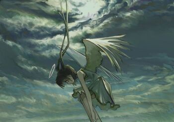 1girl angel angel_wings brown_hair cloud cloudy_sky dress feathered_wings feet_out_of_frame floating_hair green_theme halo highres kibishiihiekomi long_hair looking_down midair original profile sky solo twintails white_dress white_halo white_wings wings yellow_eyes