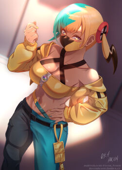 1girl absurdres aqua_hair bandeau blonde_hair blue_eyes breasts canari_(pokemon) character_hair_ornament cleavage commentary_request dark-skinned_female dark_skin gradient_eyes hair_ornament hand_on_own_hip hand_up highres jacket large_breasts looking_at_viewer midriff multicolored_eyes multicolored_hair nail_polish navel nintendo pants pokemon pokemon_legends:_z-a solo split-color_hair stomach two-tone_pants vilde_loh_hocen yellow_bandeau yellow_jacket