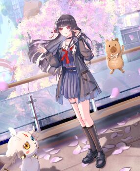 1girl abby_(wuthering_waves) arm_cutout black_choker black_hair black_jacket black_shirt black_shoes black_skirt black_socks blue_sky breasts chinese_commentary chisa_(wuthering_waves) choker closed_mouth clothing_cutout commentary_request day hair_ribbon hand_up highres jacket long_hair long_sleeves medium_breasts namipon_(wuthering_waves) outdoors red_eyes red_ribbon ribbon sailor_collar shi_ye_ling shirt shoes skirt sky smile socks standing thigh_strap white_sailor_collar wind wuthering_waves