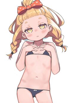 1girl absurdres bikini black_bikini blonde_hair braid flat_chest highres kitora_kanna loli medalist_(manga) monomono navel paid_reward_available simple_background solo swimsuit twin_braids white_background yellow_eyes