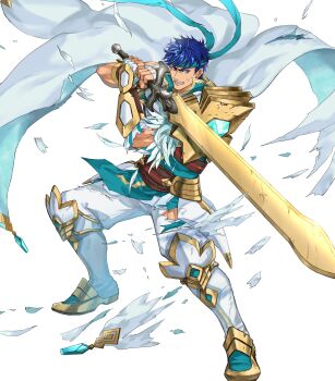 Rule 34 | 1boy, armor, blue eyes, blue hair, blue headband, cape, clenched teeth, closed mouth, damaged, feathers, fingerless gloves, fire emblem, fire emblem: radiant dawn, fire emblem heroes, gloves, headband, highres, holding, holding sword, holding weapon, ike (fire emblem), ike (vanguard legend) (resplendent) (fire emblem), kuroba.k, looking at viewer, male focus, muscular, muscular male, nintendo, non-web source, official alternate costume, pants, popped collar, ragnell, scarf, solo, sword, teeth, torn cape, torn clothes, v-shaped eyebrows, weapon, white cape, white gloves, white pants, white scarf