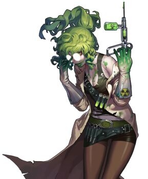 1girl artist_request biohazard_symbol black_survival breasts cleavage commentary dr._wickeline english_commentary glasses gloves green_eyes green_hair lab_coat official_art opaque_glasses radiation_symbol scissors solo syringe syringe_gun third-party_source torn_clothes torn_coat transparent_background