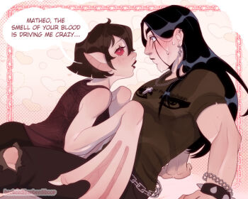 Rule 34 | 1boy, 1girl, animal ears, bat ears, bat wings, beebeedibapbeediboop, black hair, blunt ends, blush, brown hair, chain, commentary, cross, cross earrings, earrings, english commentary, eyelashes, eyeliner, fang, hetero, highres, jewelry, lips, lipstick, long hair, makeup, mole, monster girl, muscular, muscular male, original, pointy ears, red eyes, shirt, siouxsie and the banshees, speech bubble, straight hair, sweat, t-shirt, tank top, vampire, wings