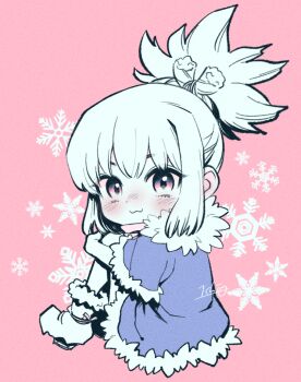 1girl :3 blush chibi coat cold dr._stone full_body fur_trim hair_ornament hairband high_ponytail kohaku_(dr._stone) looking_at_viewer ninomae_gin pink_background ponytail red_eyes simple_background sitting smile snowflakes solo winter winter_clothes winter_coat