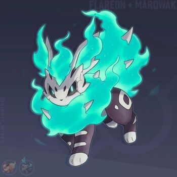 albrt-wlson alolan_form alolan_marowak animal_focus blue_fire character_name commentary english_commentary fire flareon full_body fusion gen_1_pokemon gen_7_pokemon highres instagram_username nintendo no_humans official_art_inset pokemon pokemon_(creature) pokemon_focus solo spikes