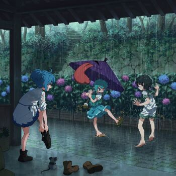 3girls :p absurdres barefoot blue_eyes blue_flower blue_hair blue_vest boots brown_boots commentary_request dress flip-flops flower green_hair grin heterochromia highres holding holding_umbrella hydrangea juliet_sleeves karakasa_obake kumoi_ichirin long_sleeves missing_headwear mouse_(animal) multiple_girls murasa_minamitsu outdoors paid_reward_available pink_flower pointy_ears puffy_short_sleeves puffy_sleeves purple_umbrella rain red_eyes sandals shirt short_sleeves shorts smile stairs suteruko tatara_kogasa toes tongue tongue_out touhou tree umbrella unworn_boots vest wet wet_clothes wet_shirt wet_shorts white_dress white_shirt white_shorts