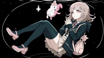 1girl animal_hood backpack bag black_background black_thighhighs blunt_bangs brown_hair cat_hood collared_shirt commentary danganronpa_(series) danganronpa_2:_goodbye_despair eyelashes flipped_hair from_side full_body green_jacket hair_ornament hands_up highres hood hood_down hooded_jacket jacket knees_up legs mary_janes medium_hair miniskirt monomi_(danganronpa) nanami_chiaki neck_ribbon open_clothes open_jacket own_hands_together parted_lips pink_bag pink_eyes pink_ribbon pink_shoes pleated_skirt ribbon ringed_eyes shirt shoes simple_background sitting skirt sleeves_past_wrists solo sparkle steepled_fingers thighhighs thighs upskirt velvet_hour white_shirt yellow_skirt zettai_ryouiki