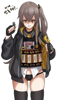 aloe_(sos961111) armband black_hoodie black_panties black_thighhighs blouse bomb c4 cable crying crying_with_eyes_open detonator dynamite english_text explosive girls'_frontline gluteal_fold highres hood hoodie imminent_suicide korean_text long_hair muffin_top no_pants panties scar scar_across_eye scar_on_face shirt simple_background skindentation solo suicide suicide_bomb tagme tears thighhighs timer ump45_(girls'_frontline) underwear very_long_hair white_background white_shirt yellow_armband