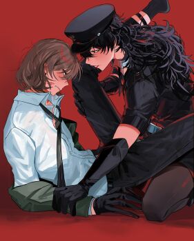 Rule 34 | 2boys, absurdres, akechi gorou, amamiya ren, between legs, black eyes, black gloves, black hair, black hat, black necktie, black pants, black socks, blush, brown pantyhose, clenched teeth, collared shirt, commentary, crossdressing, crossdressing (mtf), elbow gloves, english commentary, from side, fsmaichobpeg0, gloves, green jacket, hand on another's arm, hand on another's thigh, hat, highres, jacket, kneeling, leaning forward, legs up, legwear garter, lipstick, lipstick mark, lipstick mark on face, long hair, long sleeves, looking at another, makeup, male focus, multiple boys, necktie, off shoulder, open collar, pants, pantyhose, parted lips, peaked cap, persona, persona 5: dancing star night, persona dancing, red eyes, red lips, shirt, short hair, short sleeves, smeared lipstick, smile, socks, striped clothes, striped necktie, teeth, white shirt, wing collar, yaoi