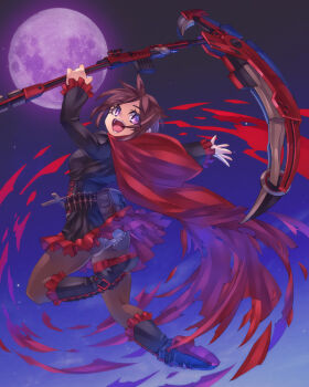 1girl ass black_pantyhose boots breasts brown_hair cape corset cross female_focus from_behind full_moon gothic_lolita lolita_fashion mk-5 moon night open_mouth panties panties_under_pantyhose pantyhose purple_eyes red_cape ruby_rose rwby scythe short_hair skirt smile solo tongue underwear weapon