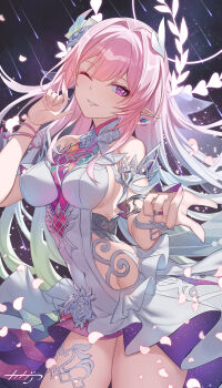 Rule 34 | 1girl, aqua hair, arpeggio kaga, bare shoulders, blue hair, breasts, commentary request, covered navel, cyrene (demiurge) (honkai: star rail), cyrene (honkai: star rail), dress, fingernails, flower, gradient hair, hair flower, hair intakes, hair ornament, hand up, highres, honkai: star rail, honkai (series), large breasts, long hair, looking at viewer, multicolored hair, nail polish, one eye closed, parted lips, pink hair, pink nails, pointy ears, purple eyes, purple flower, sidelocks, smile, solo, thighs, white dress