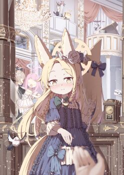 6+girls absurdres alternate_costume animal_ears black_bow black_dress blonde_hair blue_archive blue_bow blush bow closed_mouth dress flower fox_ears fox_girl fox_tail frilled_dress frills hair_bow hair_flower hair_ornament halo highres hina_(blue_archive) ibuki_(blue_archive) indoors kyouwashi long_hair long_sleeves looking_at_viewer makoto_(blue_archive) mika_(blue_archive) multiple_girls nagisa_(blue_archive) pov seia_(blue_archive) solo_focus standing tail very_long_hair white_flower yellow_eyes yellow_halo