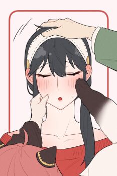 Rule 34 | 1boy, 2girls, adoptive parent and adoptive child, ahoge, anya (spy x family), black hair, blush, bond (spy x family), cheek pinching, cheek poking, closed eyes, commentary request, dog, ear blush, hairpods, headpat, highres, husband and wife, korean commentary, mother and daughter, multiple girls, off-shoulder sweater, off shoulder, pinching, poking, red sweater, sidelocks, siro666b, spy x family, sweatdrop, sweater, twilight (spy x family), yor briar