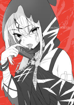 Rule 34 | 1girl, absurdres, bandaged arm, bandages, bracelet, chain, commentary request, gauze, greyscale with colored background, hair ornament, hand up, highres, hood, hood up, jewelry, looking at viewer, mahou shoujo no majo saiban, mask, mask pull, meimei (meimei89008309), mouth mask, open mouth, red background, shito alisa, short hair, solo, tongue, tongue out, upper body, x hair ornament
