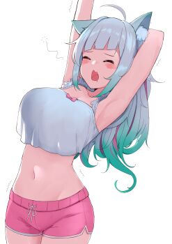 1girl absurdres ahoge animal_ear_fluff animal_ears armpits arms_up blush breasts cat_ears closed_eyes commentary densetsu.exe english_commentary fang gradient_hair green_hair grey_hair highres long_hair medium_breasts mint_fantome mint_fantome_(otaku) miyo_mizugi multicolored_hair navel open_mouth pink_shorts pink_streaks shirt shorts skin_fang solo streaked_hair virtual_youtuber white_background white_shirt
