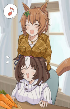 Rule 34 | 2girls, :d, = =, ^ ^, animal ears, blush, breast rest, breasts, breasts on head, brown hair, carrot, casual, closed eyes, commentary request, commission, crying, curtains, eighth note, flying sweatdrops, hair ornament, hairband, highres, horse ears, horse girl, horse tail, jewelry, large breasts, medium hair, meisho doto (casual) (umamusume), meisho doto (umamusume), multicolored hair, multiple girls, musical note, necklace, official alternate costume, open mouth, sitting, skeb commission, smile, spoken musical note, streaming tears, table, taiki shuttle (casual) (umamusume), taiki shuttle (umamusume), tail, tears, umamusume, usako (umauma0602), white hair