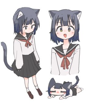 Rule 34 | 1girl, :/, = =, animal ear fluff, animal ears, black collar, black skirt, black trim, blue hair, blunt bangs, brown shoes, cat ears, cat girl, cat tail, chibi, closed eyes, closed mouth, collar, commentary, double-parted bangs, fang, highres, long sleeves, looking at viewer, looking down, medium hair, multiple views, naka (buttergirl 02), neckerchief, on ground, open mouth, original, pleated skirt, puffy long sleeves, puffy sleeves, red neckerchief, sailor collar, school uniform, serafuku, shirt, shoes, simple background, skirt, sleeves past wrists, smile, socks, sprawled, tail, upper body, v-shaped eyebrows, white background, white shirt, white socks, yellow eyes