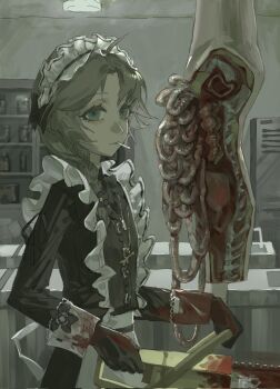 1boy apron black_dress black_gloves blood blood_on_clothes blue_eyes braid brown_hair bw_sekai cigarette collared_dress commentary crossdressing crossdressing_(mtf) dress expressionless gloves highres indoors intestines jewelry kanae_(19th_costume)_(nijisanji) kanae_(nijisanji) long_sleeves looking_at_viewer maid maid_apron maid_headdress male_focus male_maid mouth_hold necklace nijisanji official_alternate_costume single_braid sleeve_cuffs solo spine symbol-only_commentary trap virtual_youtuber